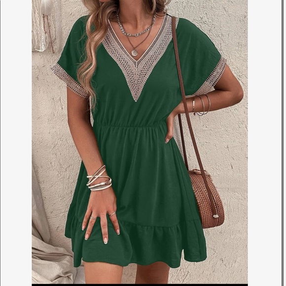 Boho Sheer Mesh Crochet Lace Flounce Sleeve Ruffle Dress - Picture 6 of 15